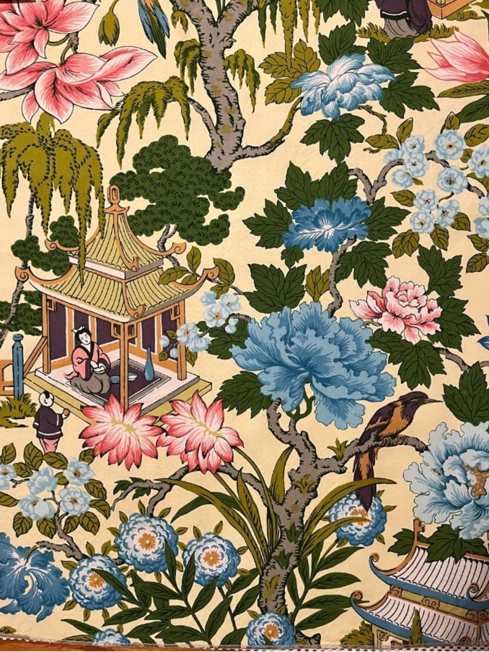 NWT Vintage Greeff "Blue Pavilion" Chinoiserie Cotton Fabric Sample